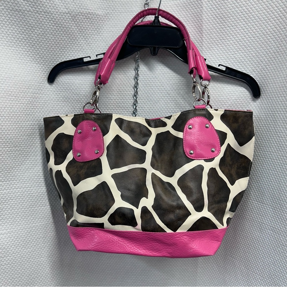 Giraffe print Tote Bag brown cream with pink accents